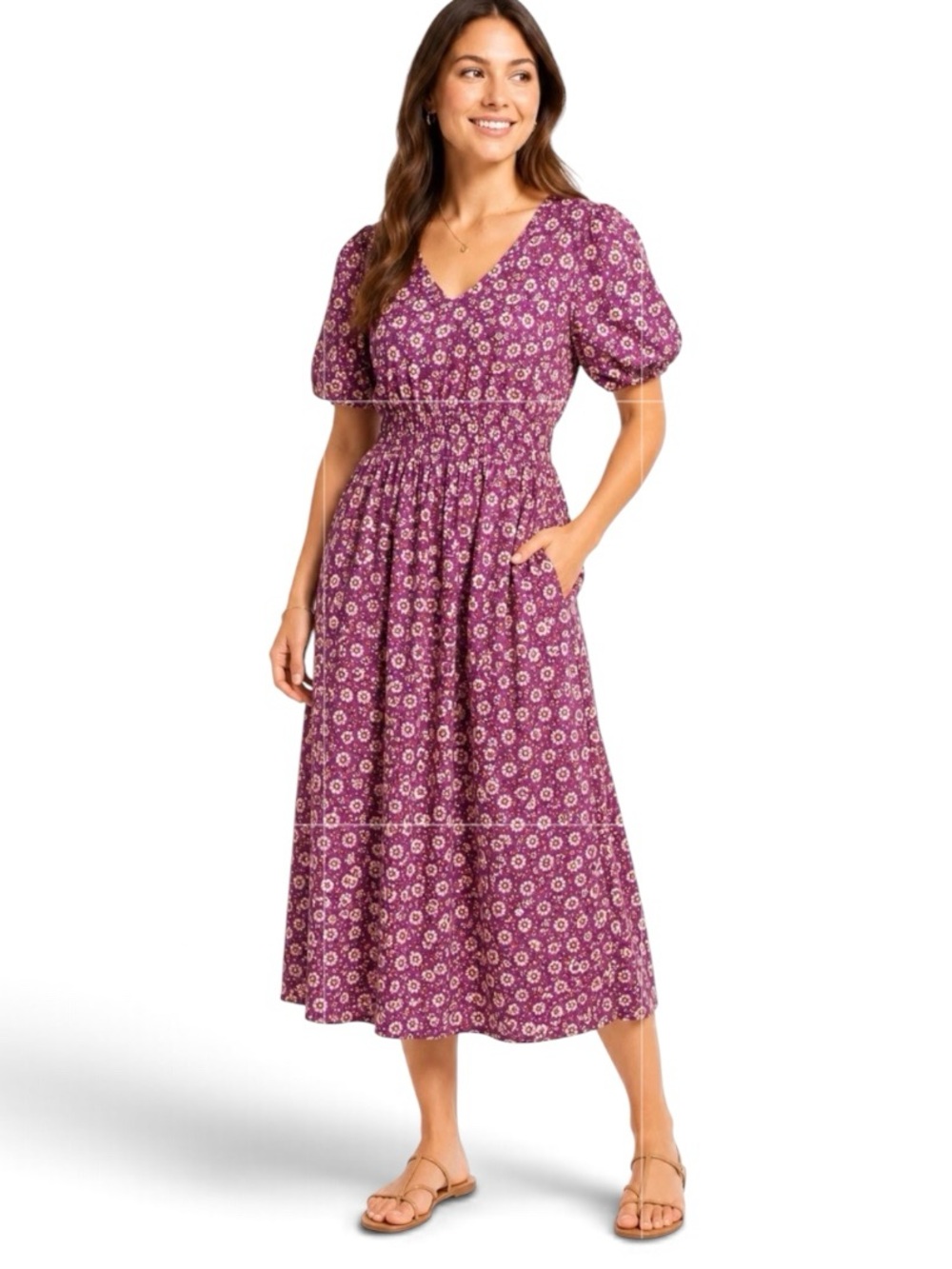J.Crew Factory Smocked-Waist Poplin Midi Dress Purple Floral Size 6